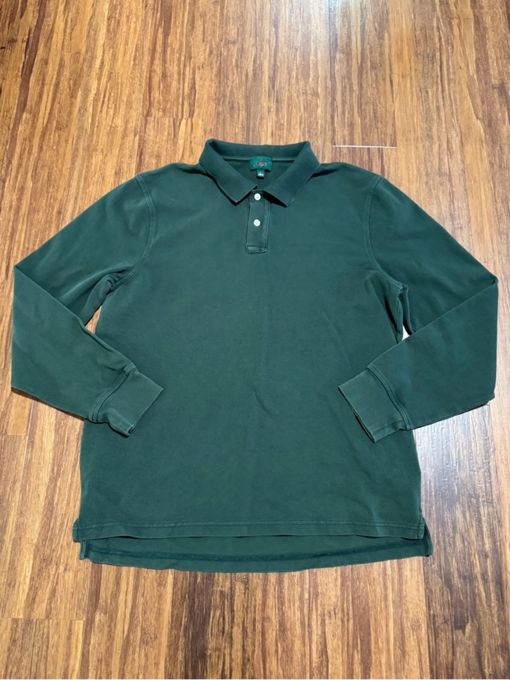 J.CREW Men's L Green Long Sleeve Polo Shirt Cotton Solid Collared Button